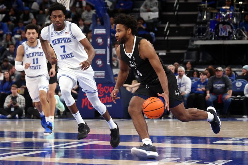 Jan 31, 2024; Memphis, Tennessee, USA; Rice Owls guard Anthony Selden (4) dribbles up the court during the second half against the Memphis Tigers at FedExForum. Mandatory Credit: Petre Thomas-USA TODAY Sports