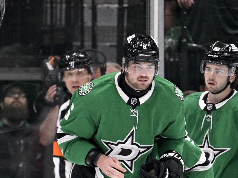 Mar 10, 2026; Dallas, Texas, USA; Dallas Stars defenseman Lian Bichsel (6) skates off the ice after being hit in the face with the stick of Vegas Golden Knights center Nic Dowd (not pictured) during the second period at the American Airlines Center. Mandatory Credit: Jerome Miron-Imagn Images