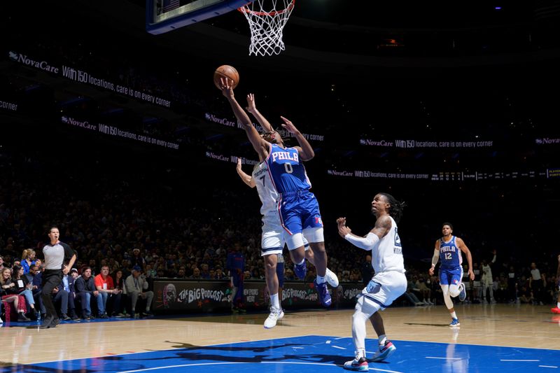 PHILADELPHIA, PA - FEBRUARY 23: Tyrese Maxey #0 of the Philadelphia 76ers drives to the basket during the game against the Memphis Grizzlies on February 23, 2023 at the Wells Fargo Center in Philadelphia, Pennsylvania NOTE TO USER: User expressly acknowledges and agrees that, by downloading and/or using this Photograph, user is consenting to the terms and conditions of the Getty Images License Agreement. Mandatory Copyright Notice: Copyright 2023 NBAE (Photo by Jesse D. Garrabrant/NBAE via Getty Images)