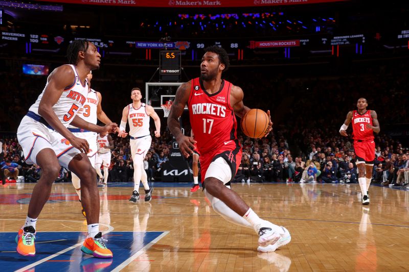 NEW YORK, NY - MARCH 27: Tari Eason #17 of the Houston Rockets drives to the basket during the game against the New York Knicks on March 27, 2023 at Madison Square Garden in New York City, New York.  NOTE TO USER: User expressly acknowledges and agrees that, by downloading and or using this photograph, User is consenting to the terms and conditions of the Getty Images License Agreement. Mandatory Copyright Notice: Copyright 2023 NBAE  (Photo by Nathaniel S. Butler/NBAE via Getty Images)