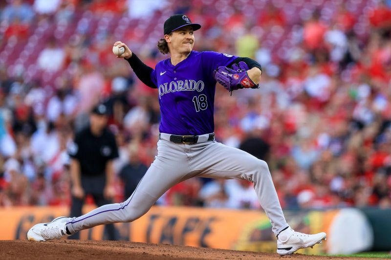 Jul 8, 2024; Cincinnati, Ohio, USA; Colorado Rockies starting pitcher Ryan Feltner (18) pitches against the Cincinnati Reds in the first inning at Great American Ball Park. Mandatory Credit: Katie Stratman-USA TODAY Sports