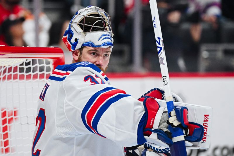Nov 7, 2025; Detroit, Michigan, USA; New York Rangers goaltender Jonathan Quick (32) during the second period against the Detroit Red Wings at Little Caesars Arena. Mandatory Credit: Tim Fuller-Imagn Images