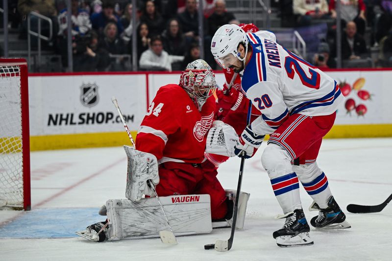 Apr 5, 2024; Detroit, Michigan, USA; New York Rangers left wing Chris Kreider (20) scores a goal as Detroit Red Wings goaltender Alex Lyon (34) tends the net during the third period at Little Caesars Arena. Mandatory Credit: Tim Fuller-USA TODAY Sports