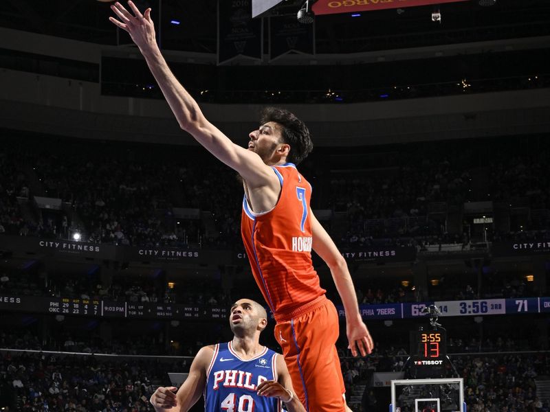 PHILADELPHIA, PA - APRIL 2: Chet Holmgren #7 of the Oklahoma City Thunder drives to the basket during the game against the Philadelphia 76ers on April 2, 2024 at the Wells Fargo Center in Philadelphia, Pennsylvania NOTE TO USER: User expressly acknowledges and agrees that, by downloading and/or using this Photograph, user is consenting to the terms and conditions of the Getty Images License Agreement. Mandatory Copyright Notice: Copyright 2024 NBAE (Photo by David Dow/NBAE via Getty Images)