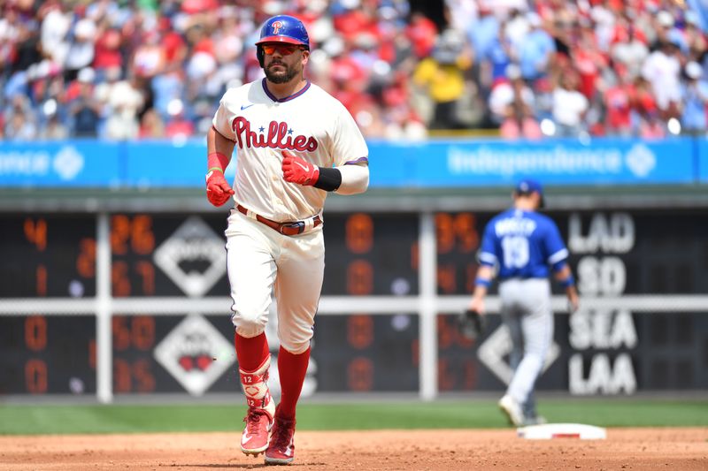 Aug 6, 2023; Philadelphia, Pennsylvania, USA; Philadelphia Phillies left fielder Kyle Schwarber (12) runs the bases after hitting a home run against the Kansas City Royals during the second inning at Citizens Bank Park. Mandatory Credit: Eric Hartline-USA TODAY Sports