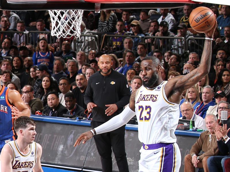 NEW YORK, NY - FEBRUARY 3: LeBron James #23 of the Los Angeles Lakers grabs the rebound during the game against the New York Knicks on February 3, 2024 at Madison Square Garden in New York City, New York.  NOTE TO USER: User expressly acknowledges and agrees that, by downloading and or using this photograph, User is consenting to the terms and conditions of the Getty Images License Agreement. Mandatory Copyright Notice: Copyright 2024 NBAE  (Photo by Nathaniel S. Butler/NBAE via Getty Images)