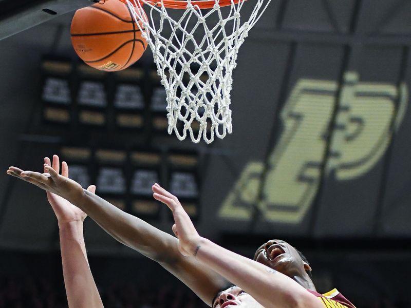 Feb 15, 2024; West Lafayette, Indiana, USA; Purdue Boilermakers center Zach Edey (15) and Minnesota Golden Gophers forward Pharrel Payne (21) battle for a rebound during the second half at Mackey Arena. Mandatory Credit: Robert Goddin-USA TODAY Sports