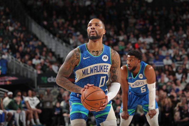 MILWAUKEE, WI - MARCH 21: Damian Lillard #0 of the Milwaukee Bucks prepares to shoot a free throw during the game against the Brooklyn Nets on March 21, 2024 at the Fiserv Forum Center in Milwaukee, Wisconsin. NOTE TO USER: User expressly acknowledges and agrees that, by downloading and or using this Photograph, user is consenting to the terms and conditions of the Getty Images License Agreement. Mandatory Copyright Notice: Copyright 2024 NBAE (Photo by Gary Dineen/NBAE via Getty Images).