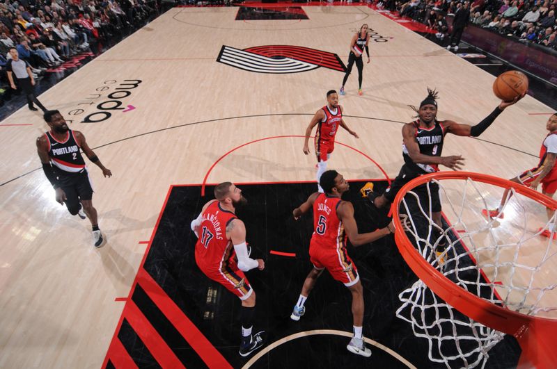 PORTLAND, OR - FEBRUARY 10: Jerami Grant #9 of the Portland Trail Blazers drives to the basket during the game against the New Orleans Pelicans on February 10, 2024 at the Moda Center Arena in Portland, Oregon. NOTE TO USER: User expressly acknowledges and agrees that, by downloading and or using this photograph, user is consenting to the terms and conditions of the Getty Images License Agreement. Mandatory Copyright Notice: Copyright 2024 NBAE (Photo by Cameron Browne/NBAE via Getty Images)