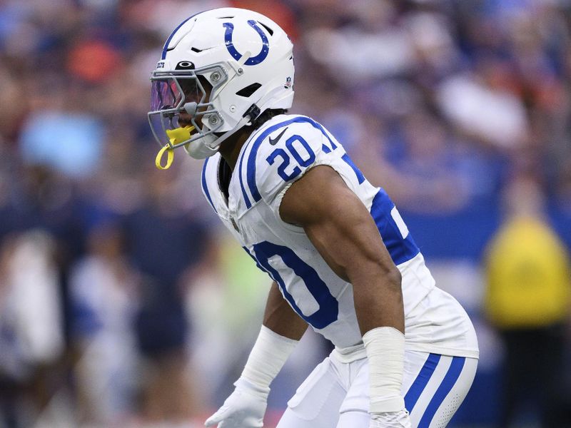 Indianapolis Colts safety Nick Cross (20) lines up before the snap during an NFL football game against the Chicago Bears, Saturday, Aug. 19, 2023, in Indianapolis. (AP Photo/Zach Bolinger)