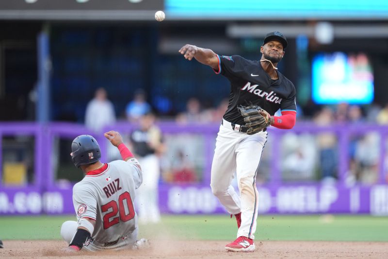Apr 12, 2025; Miami, Florida, USA;  Washington Nationals catcher Keibert Ruiz (20) is forced out at second base as Miami Marlins second baseman Otto Lopez (6) tries to complete a double play in the seventh inning at loanDepot Park. Mandatory Credit: Jim Rassol-Imagn Images