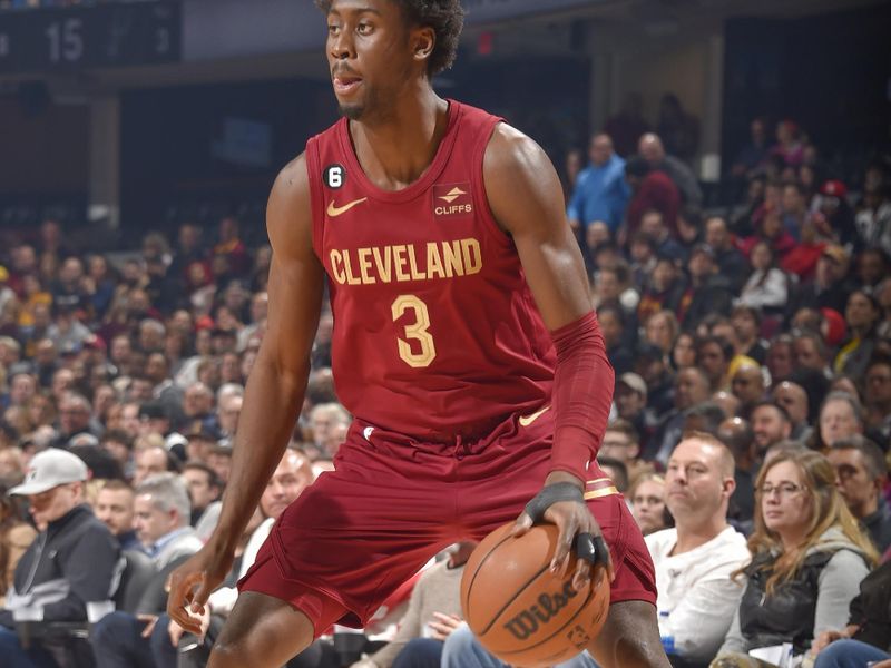 CLEVELAND, OH - FEBUARY 13:  Caris LeVert #3 of the Cleveland Cavaliers goes to the basket during the game  on Febuary 13, 2023 at Rocket Mortgage FieldHouse in Cleveland, Ohio. NOTE TO USER: User expressly acknowledges and agrees that, by downloading and/or using this Photograph, user is consenting to the terms and conditions of the Getty Images License Agreement. Mandatory Copyright Notice: Copyright 2023 NBAE (Photo by David Liam Kyle/NBAE via Getty Images)