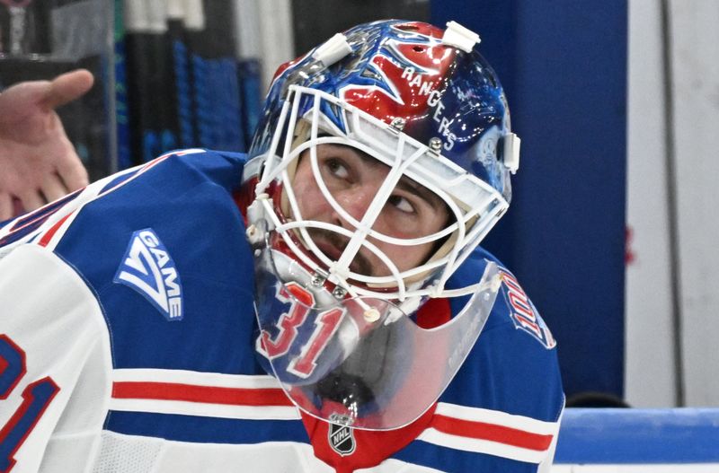 Oct 16, 2025; Toronto, Ontario, CAN; New York Rangers goalie Igor Shesterkin (31) looks on during warmup before playing the Toronto Maple Leafs at Scotiabank Arena. Mandatory Credit: Dan Hamilton-Imagn Images