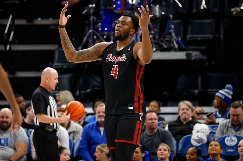 Feb 12, 2023; Memphis, Tennessee, USA; Temple Owls forward Jamille Reynolds (4) reacts during the first half against the Memphis Tigers at FedExForum. Mandatory Credit: Petre Thomas-USA TODAY Sports