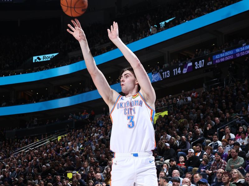 SALT LAKE CITY, UT - FEBRUARY 6: Josh Giddey #3 of the Oklahoma City Thunder shoots a three point basket during the game against the Utah Jazz on February 6, 2024 at Delta Center in Salt Lake City, Utah. NOTE TO USER: User expressly acknowledges and agrees that, by downloading and or using this Photograph, User is consenting to the terms and conditions of the Getty Images License Agreement. Mandatory Copyright Notice: Copyright 2024 NBAE (Photo by Melissa Majchrzak/NBAE via Getty Images)