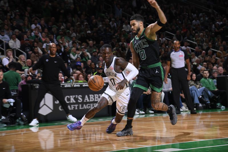 BOSTON, MA - NOVEMBER 8: Dennis Schroder #17 of the Brooklyn Nets drives to the basket during the game against the Boston Celtics on November 8, 2024 at TD Garden in Boston, Massachusetts. NOTE TO USER: User expressly acknowledges and agrees that, by downloading and/or using this Photograph, user is consenting to the terms and conditions of the Getty Images License Agreement. Mandatory Copyright Notice: Copyright 2024 NBAE (Photo by Brian Babineau/NBAE via Getty Images)