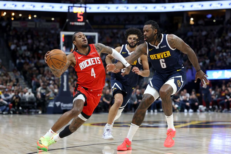 DENVER, COLORADO - JANUARY 15: Jalen Green #4 of the Houston Rockets drives against DeAndre Jordan #6 the Denver Nuggets in the third quarter at Ball Arena on January 15, 2025 in Denver, Colorado. NOTE TO USER: User expressly acknowledges and agrees that, by downloading and or using this photograph, User is consenting to the terms and conditions of the Getty Images License Agreement.  (Photo by Matthew Stockman/Getty Images)