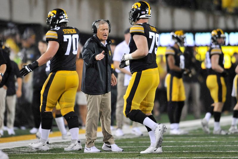 Sep 17, 2022; Iowa City, Iowa, USA; Iowa Hawkeyes head coach Kirk Ferentz reacts wtih offensive lineman Jack Plumb (79) against the Nevada Wolf Pack during the second quarter at Kinnick Stadium. Mandatory Credit: Jeffrey Becker-USA TODAY Sports