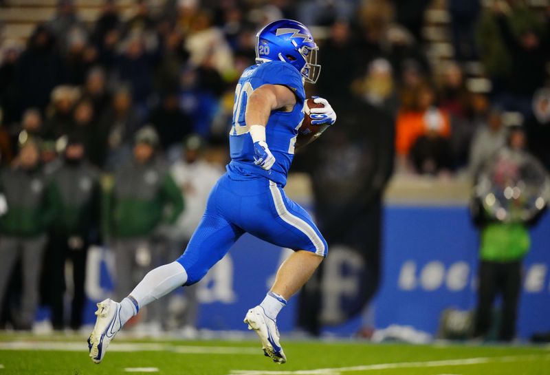 Nov 19, 2022; Colorado Springs, Colorado, USA; Air Force Falcons running back Brad Roberts (20) rushes for a touchdown against the Air Force Falcons in the second quarter at Falcon Stadium. Mandatory Credit: Ron Chenoy-USA TODAY Sports