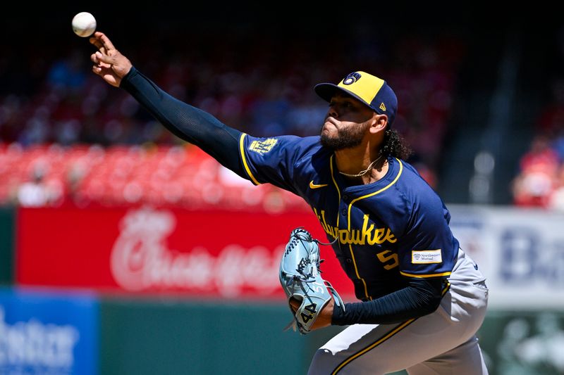 Aug 22, 2024; St. Louis, Missouri, USA;  Milwaukee Brewers starting pitcher Freddy Peralta (51) pitches against the St. Louis Cardinals during the first inning at Busch Stadium. Mandatory Credit: Jeff Curry-USA TODAY Sports