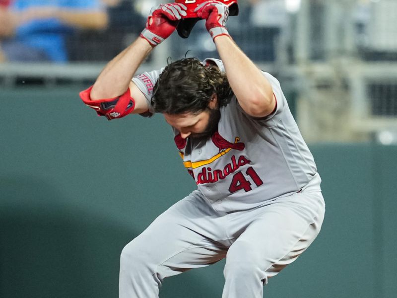 Aug 11, 2023; Kansas City, Missouri, USA; St. Louis Cardinals first baseman Alec Burleson (41) reacts to flying out to end the seventh inning against the Kansas City Royals at Kauffman Stadium. Mandatory Credit: Jay Biggerstaff-USA TODAY Sports