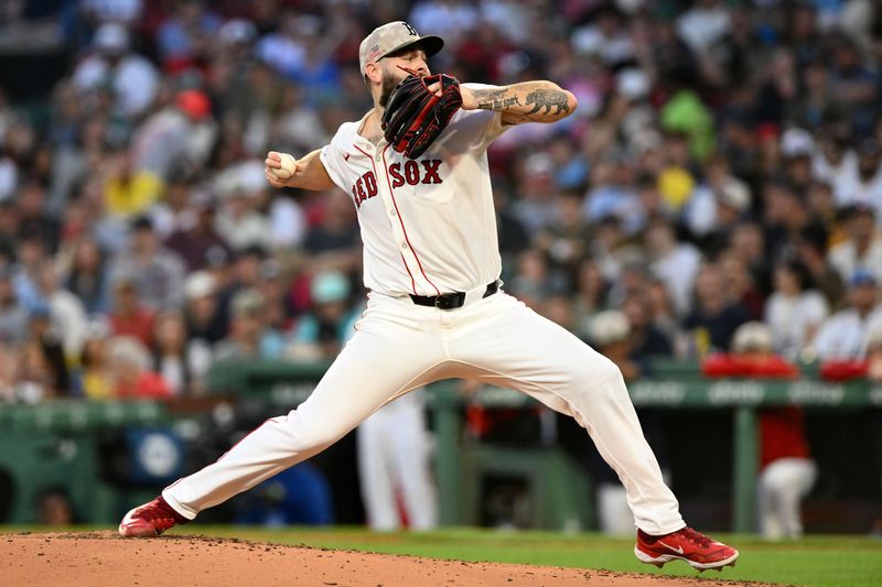 May 17, 2025; Boston, Massachusetts, USA; Boston Red Sox starting pitcher Lucas Giolito (54) pitches against the Atlanta Braves during the third inning at Fenway Park. Mandatory Credit: Brian Fluharty-Imagn Images