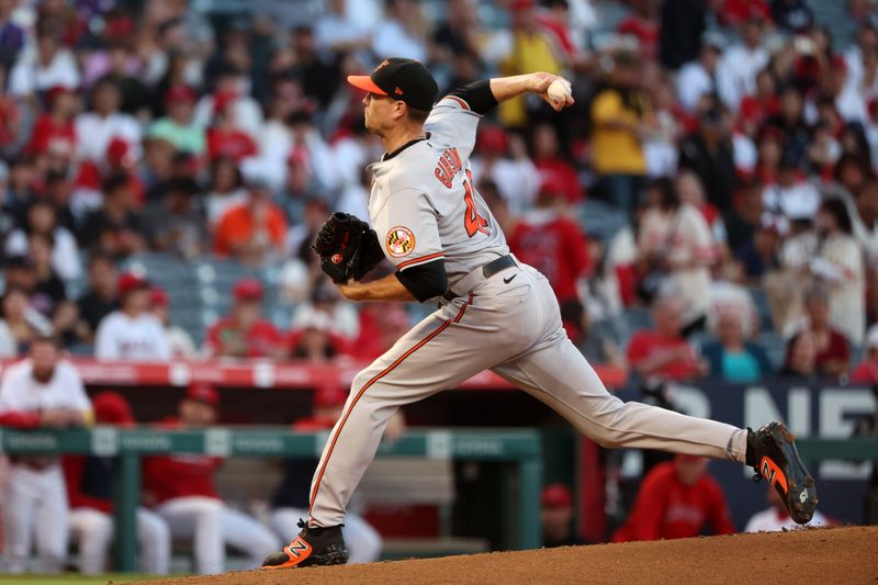 Sep 6, 2023; Anaheim, California, USA;  Baltimore Orioles starting pitcher Kyle Gibson (48) pitches during the first inning against the Los Angeles Angels at Angel Stadium. Mandatory Credit: Kiyoshi Mio-USA TODAY Sports