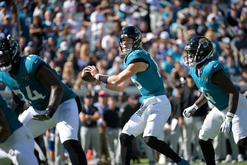 Jacksonville Jaguars quarterback Trevor Lawrence (16) looks for a receiver during the second half of an NFL football game against the Indianapolis Colts, Sunday, Oct. 15, 2023, in Jacksonville, Fla. (AP Photo/Phelan M. Ebenhack)