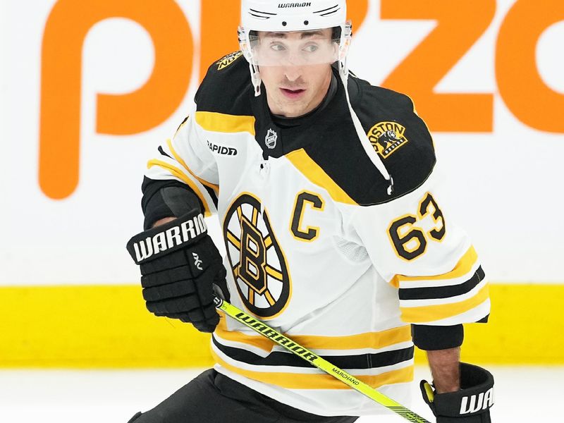 Nov 5, 2024; Toronto, Ontario, CAN; Boston Bruins left wing Brad Marchand (63) skates during the warmup before a game against the Toronto Maple Leafs at Scotiabank Arena. Mandatory Credit: Nick Turchiaro-Imagn Imagess