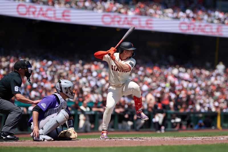 May 4, 2025; San Francisco, California, USA; San Francisco Giants shortstop Willy Adames (2) bats against the Colorado Rockies during the third inning at Oracle Park. Mandatory Credit: Robert Edwards-Imagn Images