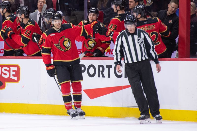 Mar 21, 2026; Ottawa, Ontario, CAN; Ottawa Senators left wing Warren Foegele (37) celebrates with team his goal scored in the second period against the Toronto Maple Leafs at the Canadian Tire Centre. Mandatory Credit: Marc DesRosiers-IMAGN Images