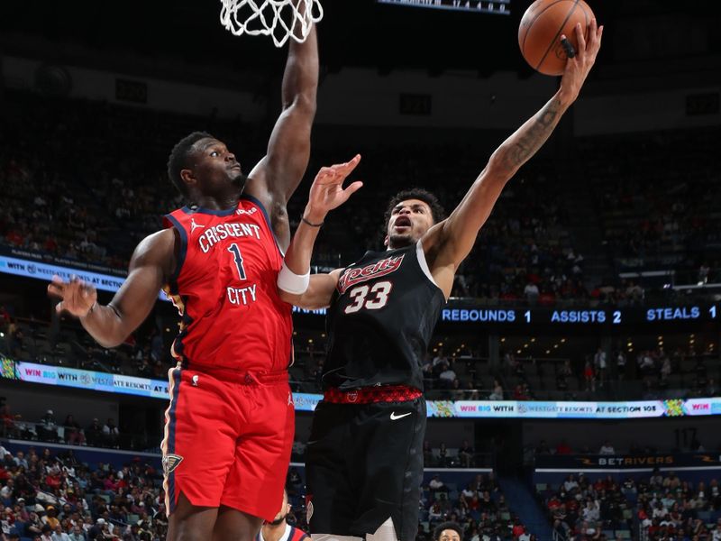 NEW ORLEANS, LA - MARCH 16: Toumani Camara #33 of the Portland Trail Blazers drives to the basket during the game against the New Orleans Pelicans on March 16, 2024 at the Smoothie King Center in New Orleans, Louisiana. NOTE TO USER: User expressly acknowledges and agrees that, by downloading and or using this Photograph, user is consenting to the terms and conditions of the Getty Images License Agreement. Mandatory Copyright Notice: Copyright 2024 NBAE (Photo by Layne Murdoch Jr./NBAE via Getty Images)