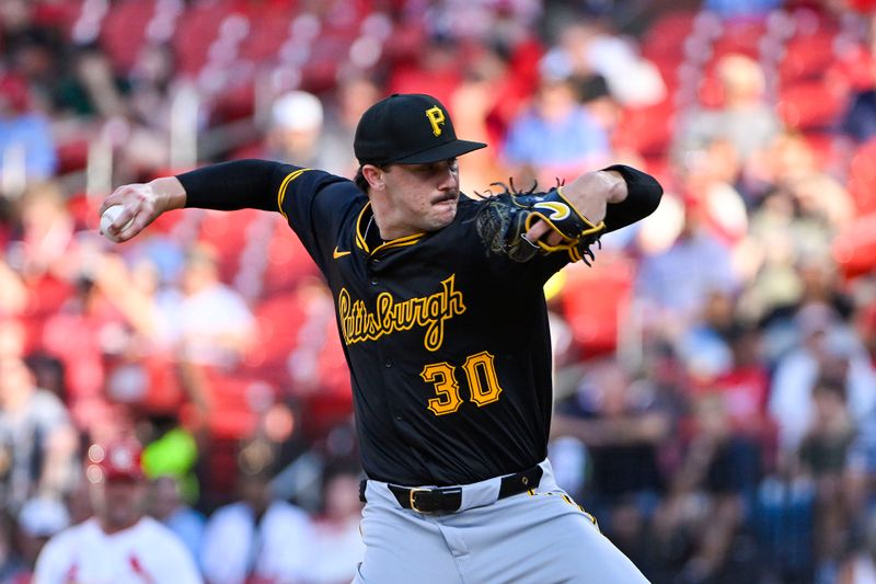 Jun 11, 2024; St. Louis, Missouri, USA;  Pittsburgh Pirates starting pitcher Paul Skenes (30) pitches against the St. Louis Cardinals during the first inning at Busch Stadium. Mandatory Credit: Jeff Curry-USA TODAY Sports