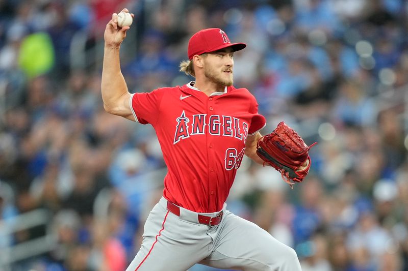 Aug 23, 2024; Toronto, Ontario, CAN; Los Angeles Angels starting pitcher Jack Kochanowicz (64) pitches to the Toronto Blue Jays during the second inning at Rogers Centre. Mandatory Credit: John E. Sokolowski-USA TODAY Sports