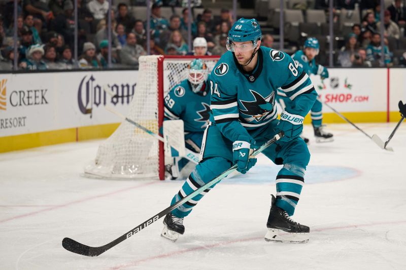 Dec 12, 2023; San Jose, California, USA; San Jose Sharks defenseman Jan Rutta (84) skates against the Winnipeg Jets during the third period at SAP Center at San Jose. Mandatory Credit: Robert Edwards-USA TODAY Sports