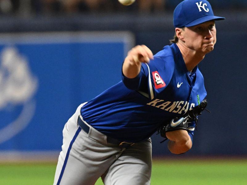 May 25, 2024; St. Petersburg, Florida, USA; Kansas City Royals starting pitcher Brady Singer (51) throws a pitch in the first inning against the Tampa Bay Rays at Tropicana Field. Mandatory Credit: Jonathan Dyer-USA TODAY Sports