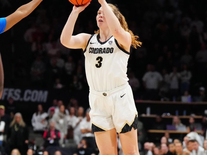 Jan 19, 2024; Boulder, Colorado, USA; Colorado Buffaloes guard Frida Formann (3) shoots the ball in the first quarter against the UCLA Bruins at the CU Events Center. Mandatory Credit: Ron Chenoy-USA TODAY Sports
\v11