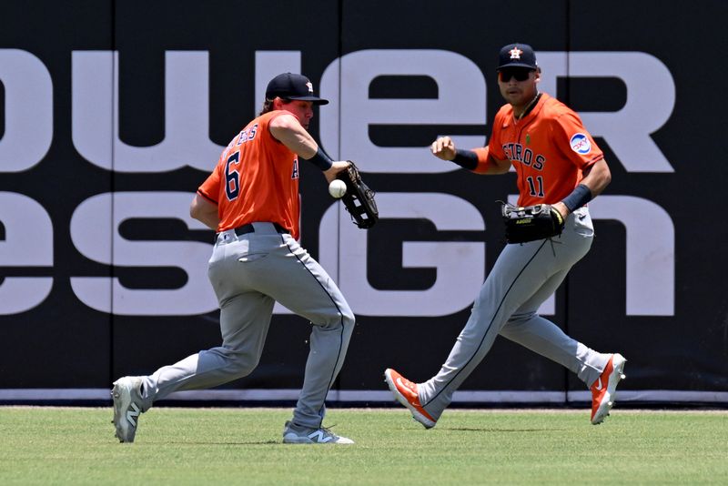 May 21, 2025; St. Petersburg, Florida, USA; Houston Astros center fielder Jake Meyers (6) misplays a line drive  in the first inning against the Tampa Bay Rays  at George M. Steinbrenner Field. Mandatory Credit: Jonathan Dyer-Imagn Images