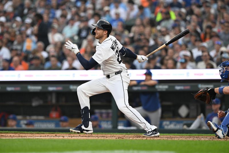 Jun 6, 2025; Detroit, Michigan, USA;  Detroit Tigers center fielder Parker Meadows (22) hits a single against the Chicago Cubs in the fifth inning at Comerica Park. Mandatory Credit: Lon Horwedel-Imagn Images