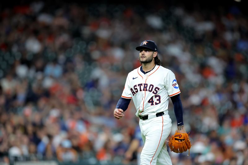 May 22, 2025; Houston, Texas, USA; Houston Astros starting pitcher Lance McCullers Jr. (43) walks to the dugout after retiring the side against the Seattle Mariners during the third inning at Daikin Park. Mandatory Credit: Erik Williams-Imagn Images