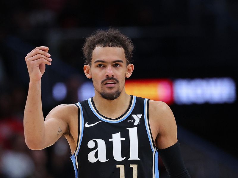 ATLANTA, GEORGIA - FEBRUARY 12:  Trae Young #11 of the Atlanta Hawks reacts after being charged with a technical foul for flopping by official Brent Barnaky #36 against the Chicago Bulls during the fourth quarter at State Farm Arena on February 12, 2024 in Atlanta, Georgia.  NOTE TO USER: User expressly acknowledges and agrees that, by downloading and/or using this photograph, user is consenting to the terms and conditions of the Getty Images License Agreement.  (Photo by Kevin C. Cox/Getty Images)