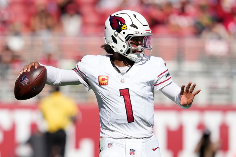 Arizona Cardinals quarterback Kyler Murray (1) passes against the San Francisco 49ers during the second half of an NFL football game in Santa Clara, Calif., Sunday, Oct. 6, 2024. (AP Photo/Godofredo A. Vásquez)