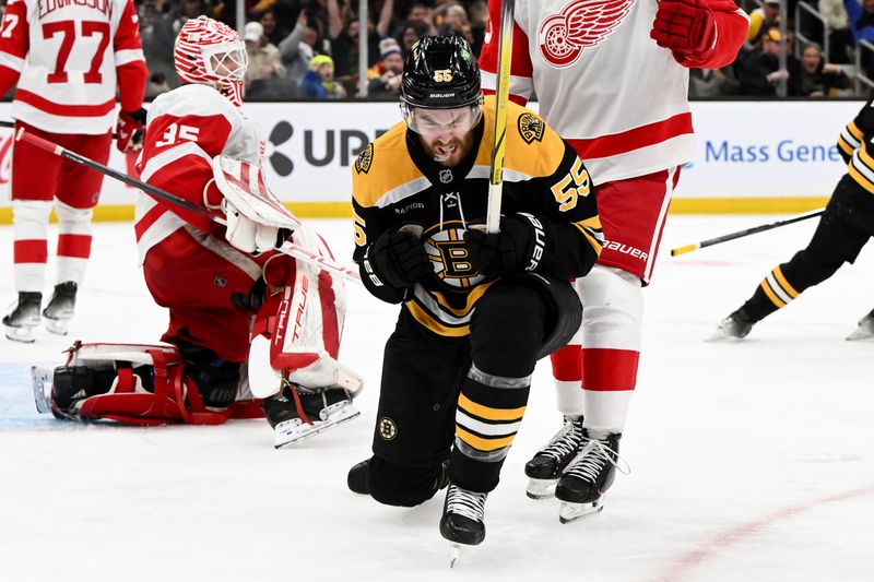 Dec 3, 2024; Boston, Massachusetts, USA; Boston Bruins right wing Justin Brazeau (55) reacts after scoring a goal against the Detroit Red Wings during the third period at the TD Garden. Mandatory Credit: Brian Fluharty-Imagn Images