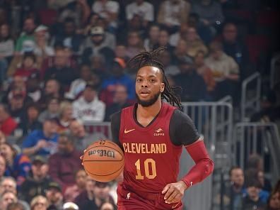 CLEVELAND, OH - NOVEMBER 19: Darius Garland #10 of the Cleveland Cavaliers dribbles the ball during the game against the Denver Nuggets on November 19, 2023 at Rocket Mortgage FieldHouse in Cleveland, Ohio. NOTE TO USER: User expressly acknowledges and agrees that, by downloading and/or using this Photograph, user is consenting to the terms and conditions of the Getty Images License Agreement. Mandatory Copyright Notice: Copyright 2023 NBAE (Photo by David Liam Kyle/NBAE via Getty Images)