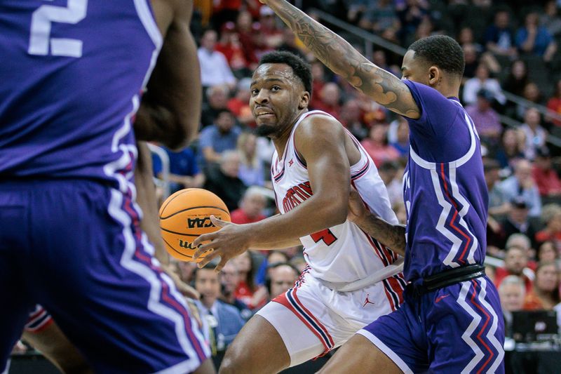 Mar 14, 2024; Kansas City, MO, USA; TCU Horned Frogs guard Jameer Nelson Jr. (4) drives to the basket during the first half against the TCU Horned Frogs at T-Mobile Center. Mandatory Credit: William Purnell-USA TODAY Sports