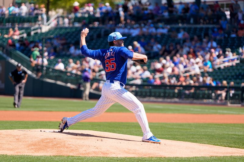 Mar 22, 2024; Mesa, Arizona, USA; Chicago Cubs starting pitcher Justin Steele (35) on the mound in the first inning during a spring training game against the San Francisco Giants at Sloan Park. Mandatory Credit: Allan Henry-USA TODAY Sports