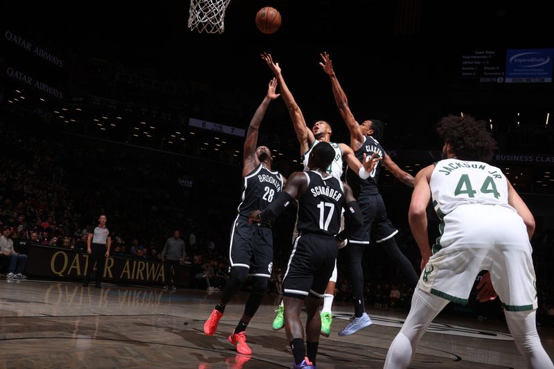 BROOKLYN, NY - DECEMBER 8: Giannis Antetokounmpo #34 of the Milwaukee Bucks shoots the ball during the game against the Brooklyn Nets on December 8, 2024 at Barclays Center in Brooklyn, New York. NOTE TO USER: User expressly acknowledges and agrees that, by downloading and or using this Photograph, user is consenting to the terms and conditions of the Getty Images License Agreement. Mandatory Copyright Notice: Copyright 2024 NBAE (Photo by Nathaniel S. Butler/NBAE via Getty Images)