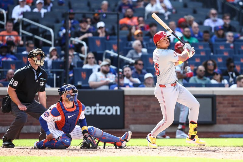 Sep 8, 2024; New York City, New York, USA;  Cincinnati Reds third baseman Noelvi Marte (16) hits an RBI single in the seventh inning against the New York Mets at Citi Field. Mandatory Credit: Wendell Cruz-Imagn Images