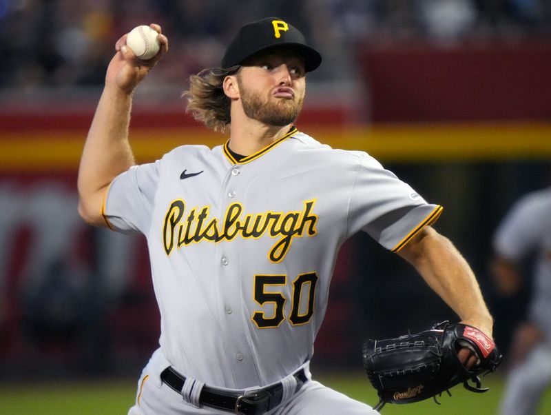 Jul 9, 2023; Phoenix, Arizona, USA; Pittsburgh Pirates Carmen Mlodzinski (50) pitches against the Arizona Diamondbacks  at Chase Field. Mandatory Credit: Joe Rondone-USA TODAY Sports