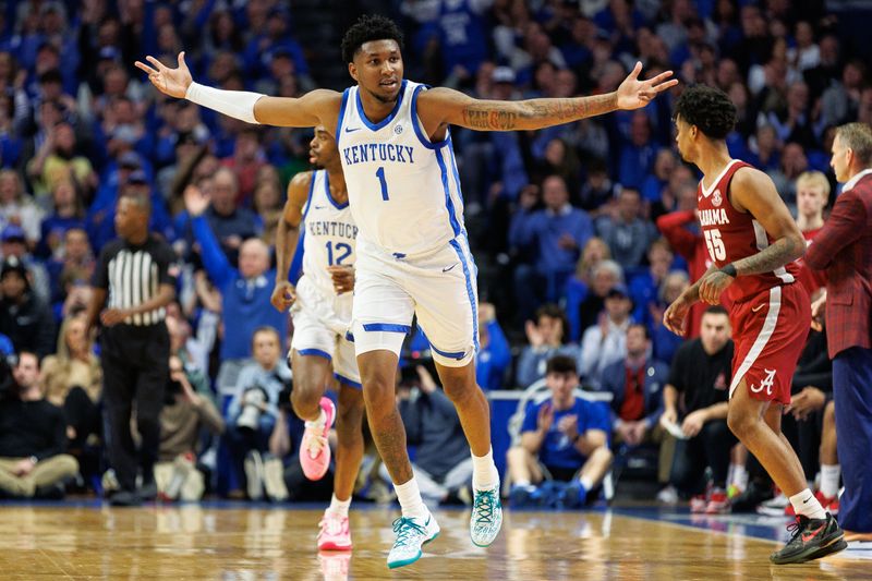 Feb 24, 2024; Lexington, Kentucky, USA; Kentucky Wildcats guard Justin Edwards (1) celebrates after making a basket during the first half against the Alabama Crimson Tide at Rupp Arena at Central Bank Center. Mandatory Credit: Jordan Prather-USA TODAY Sports